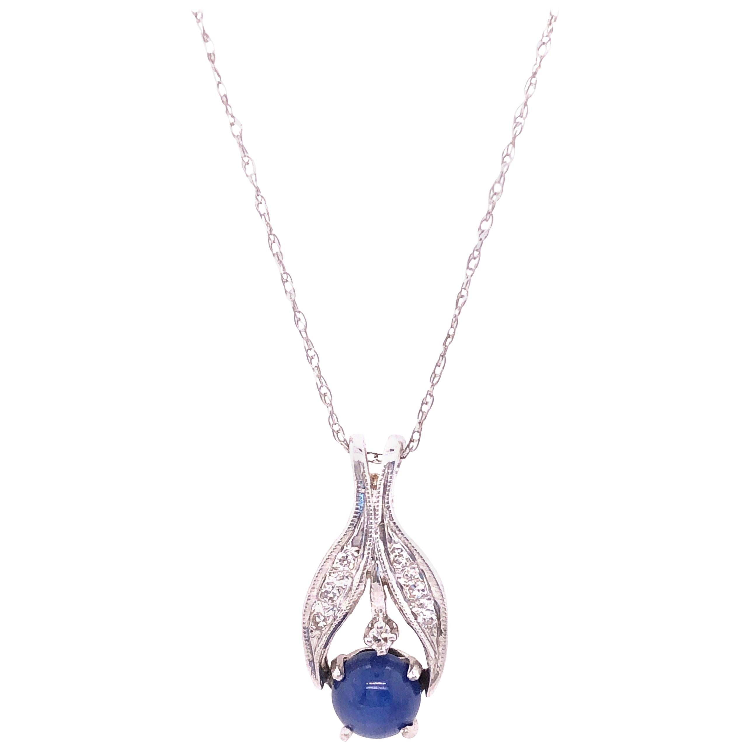 14 Karat White Gold Necklace with Cabochon Sapphire and Diamond Pendant For Sale