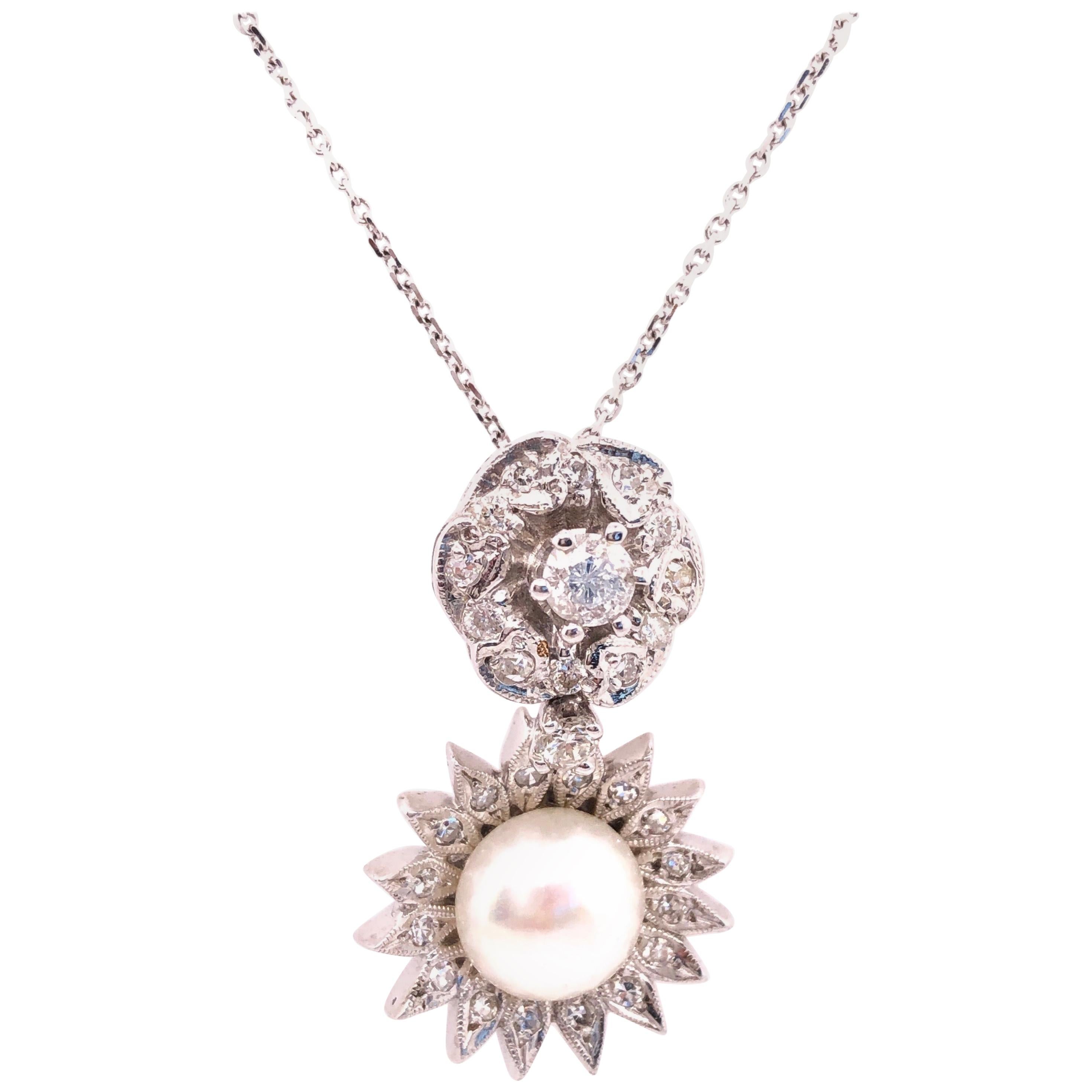 14 Karat White Gold Necklace with Diamond and Cultured Pearl Pendant