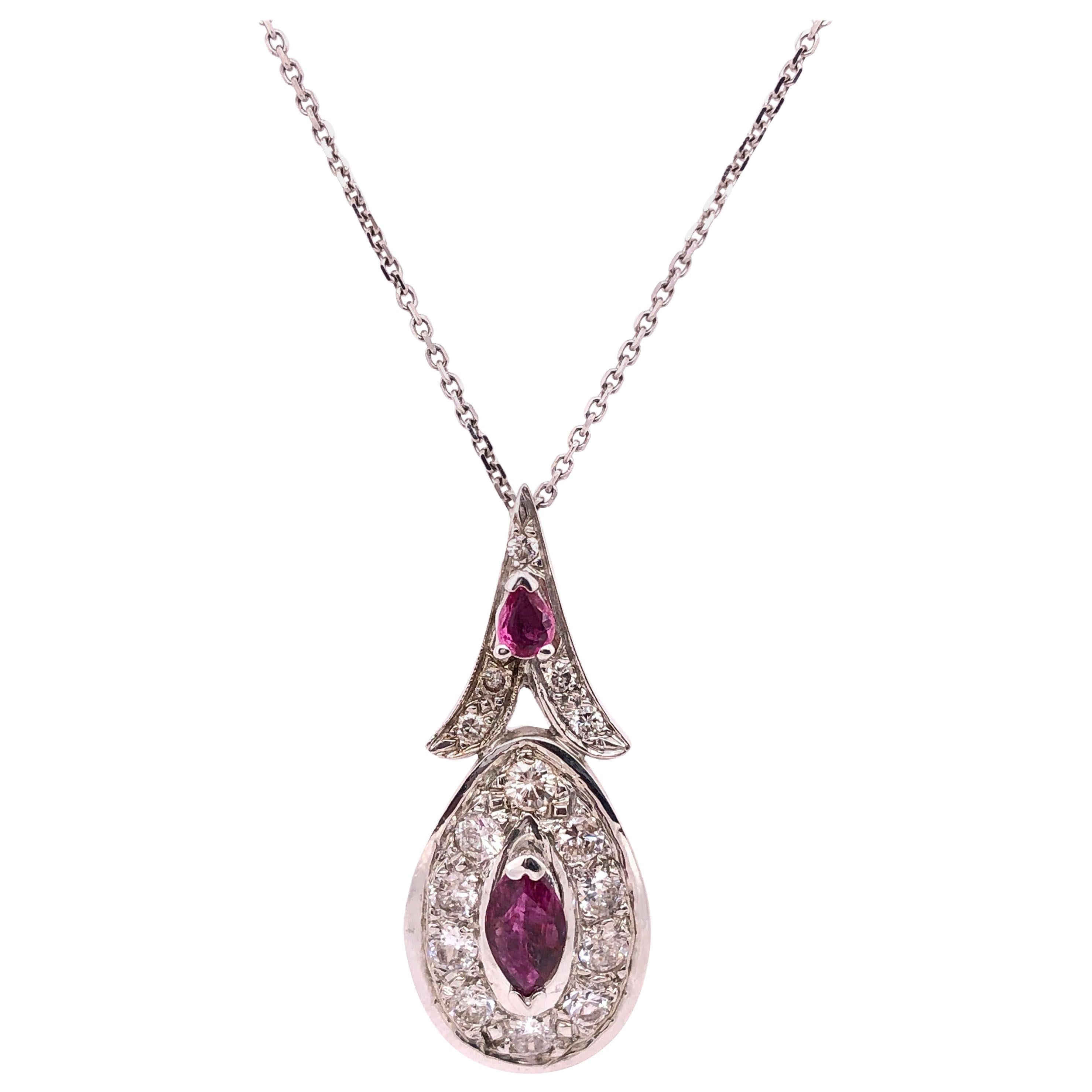 14 Karat White Gold Necklace with Diamond and Ruby Pendant 1.25 TDW For Sale
