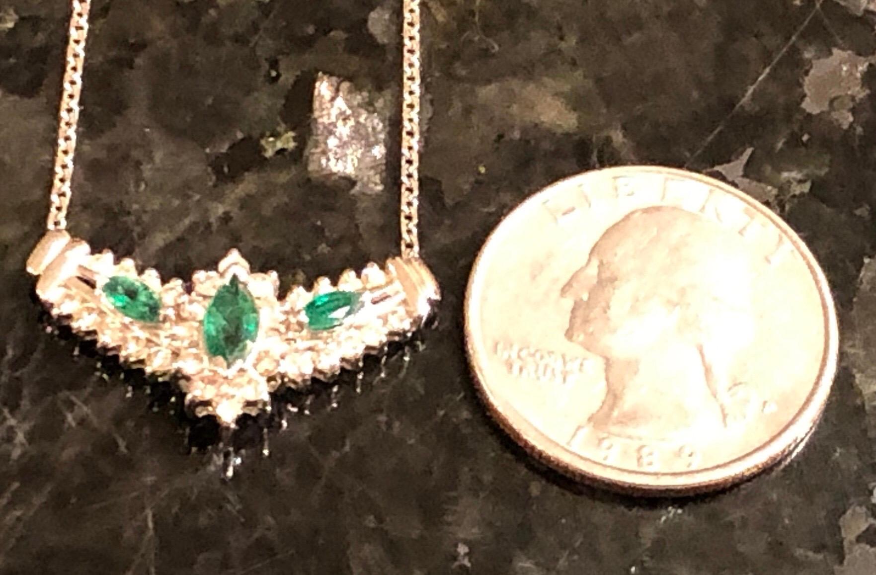 14 Karat White Gold Necklace with Soldered Diamond and Emerald Pendant 5
