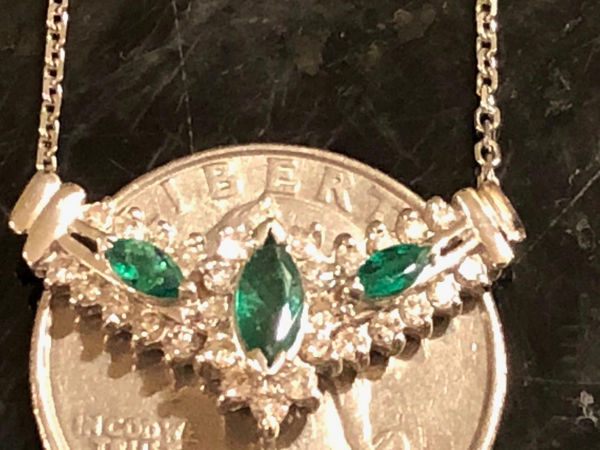 14 Karat White Gold Necklace with Soldered Diamond and Emerald Pendant 6