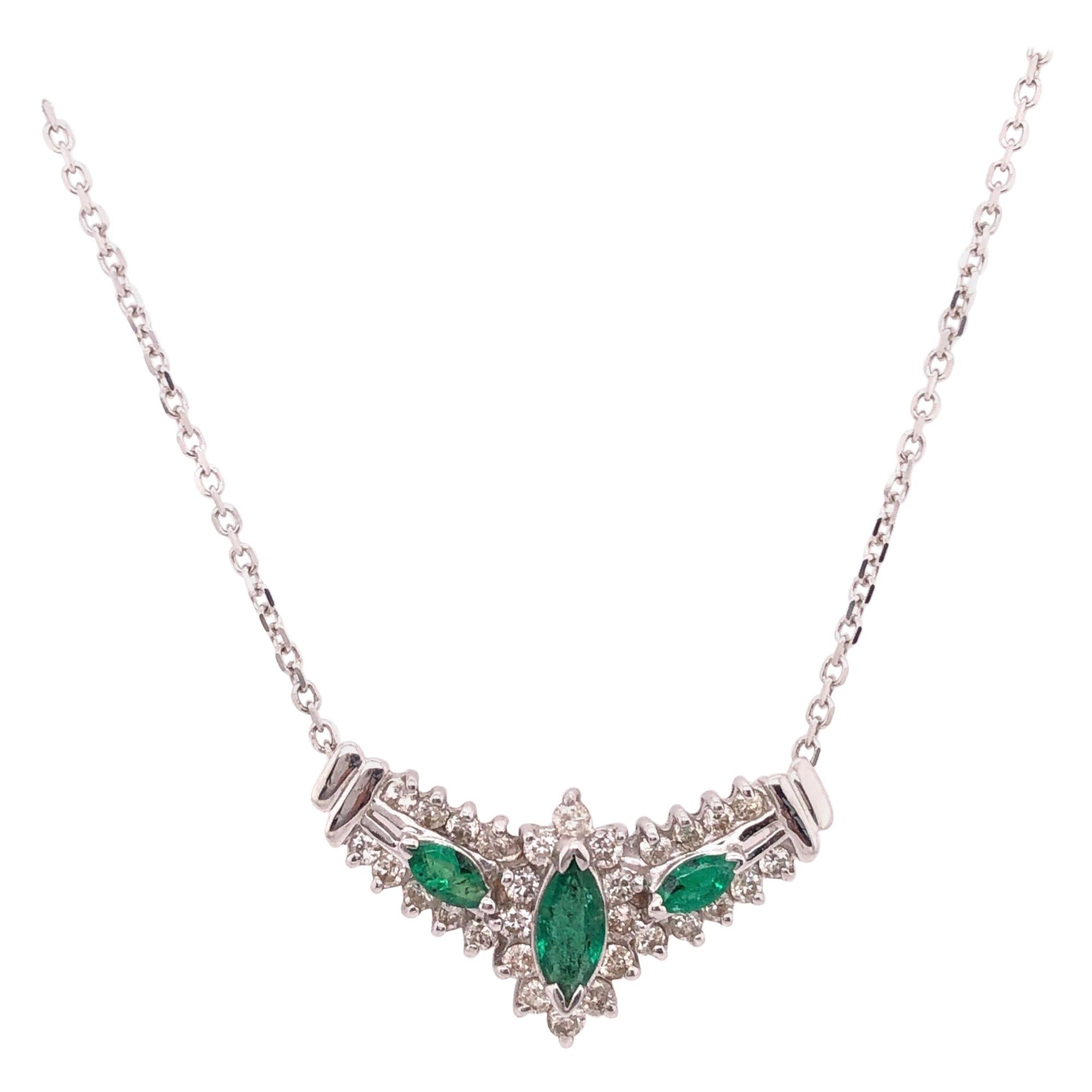 14 Karat White Gold Necklace with Soldered Diamond and Emerald Pendant