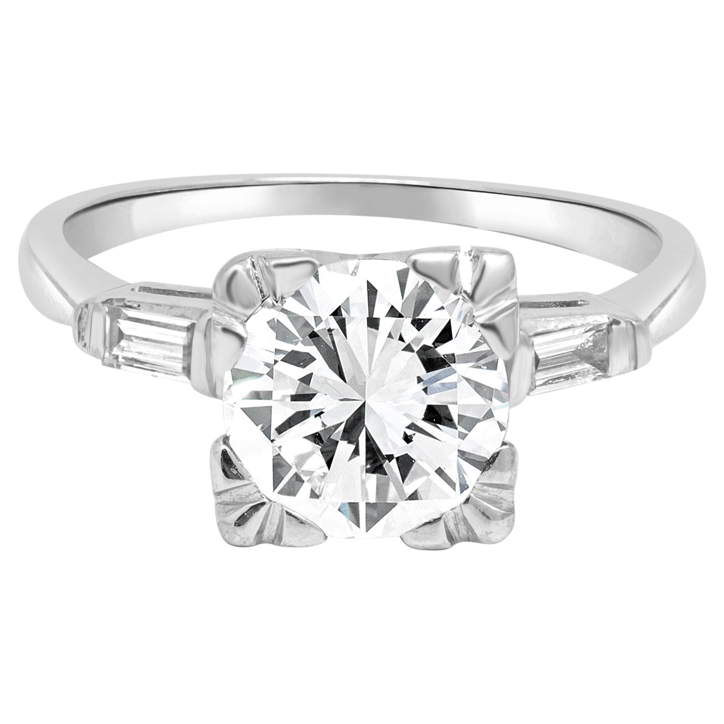 14 Karat White Gold Old European Brilliant Cut and Baguette Cut Engagement Ring For Sale