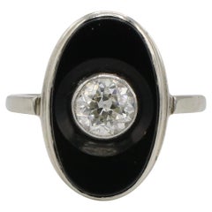 Antique 14 Karat White Gold Old European Cut Natural Diamond & Black Onyx Ring