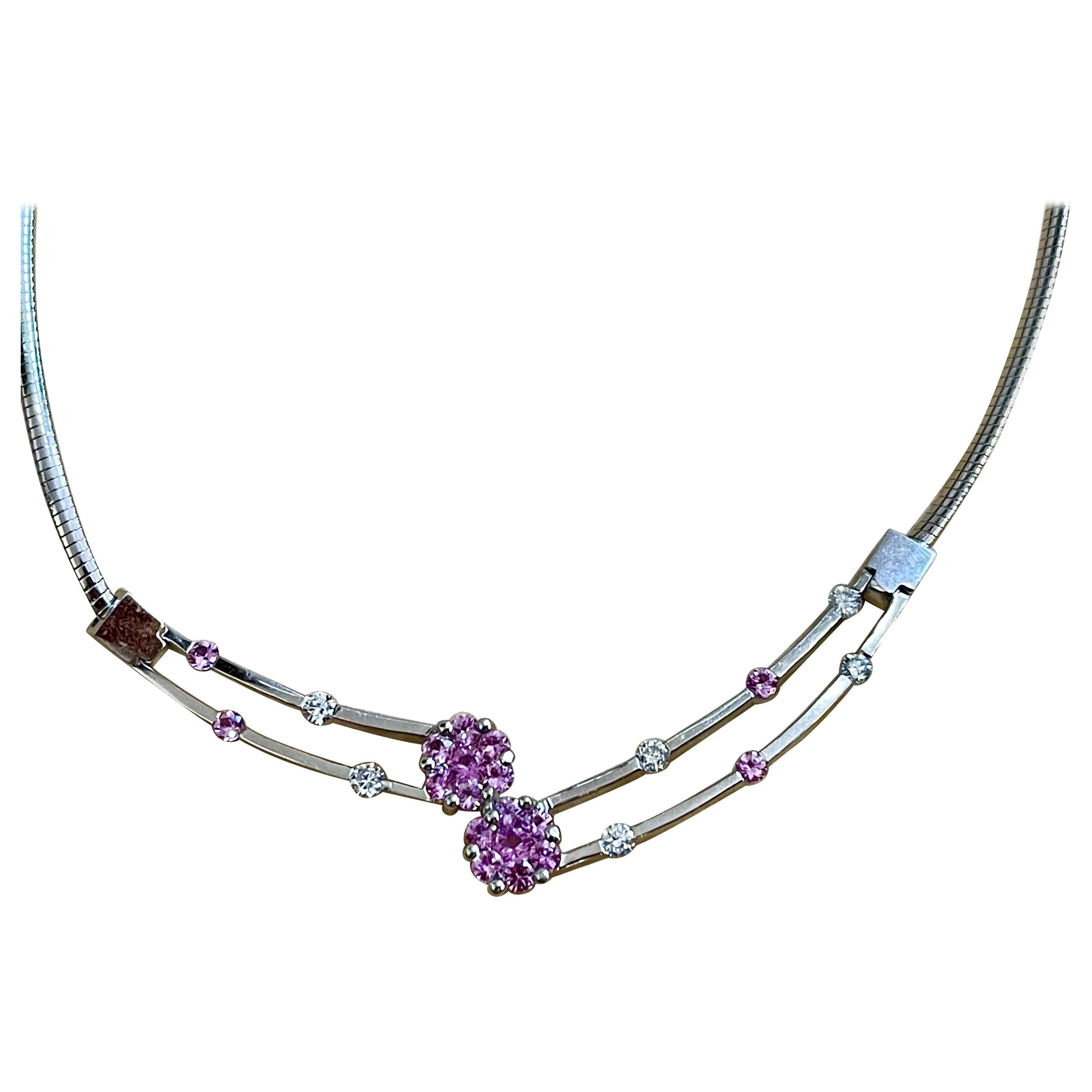 14 Karat White Gold Omega Necklace with Pink Sapphire and Diamonds, Italy