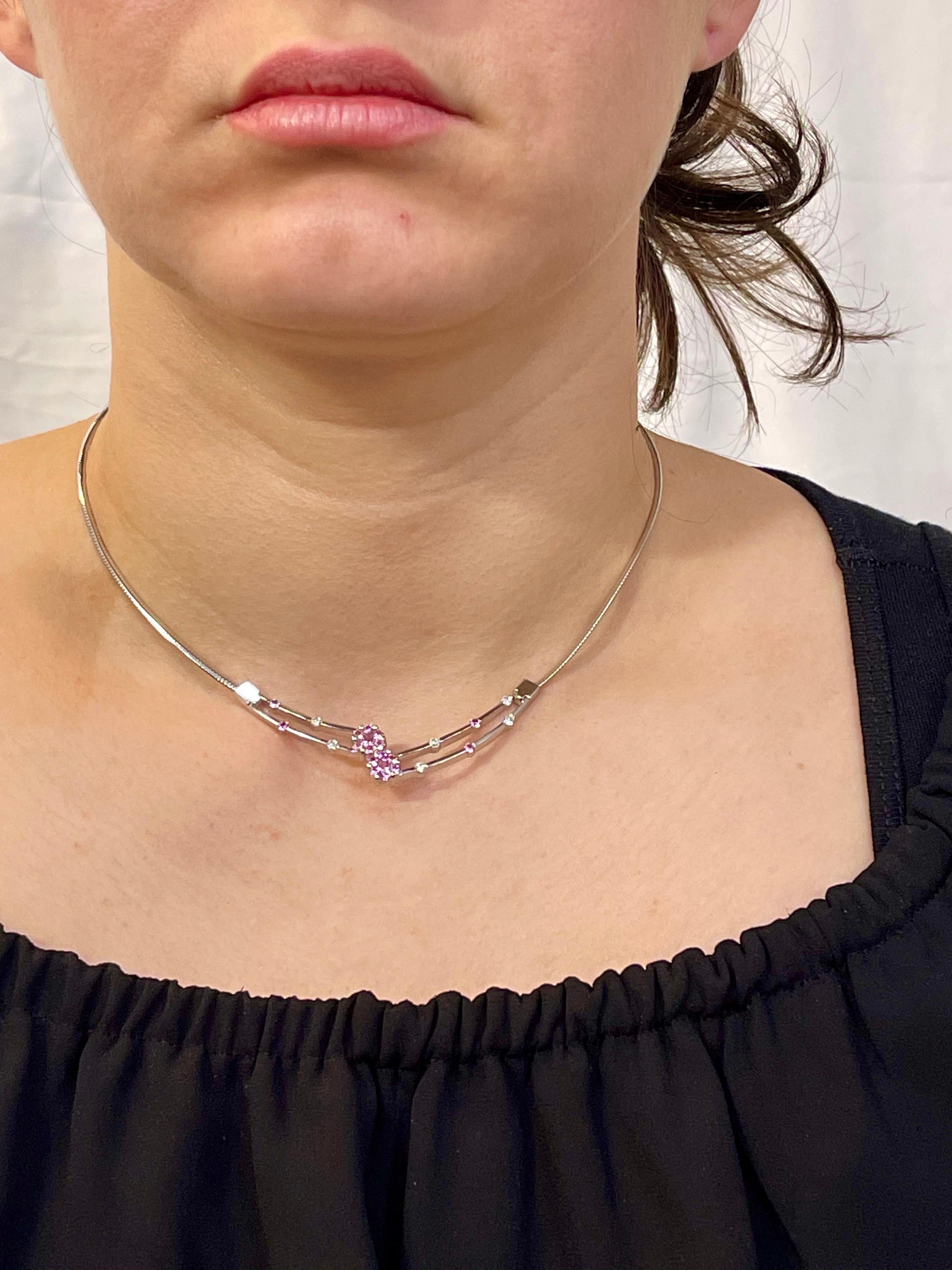14 Karat Weißgold Omega-Halskette mit rosa Saphir und Diamanten, Italien im Angebot 5