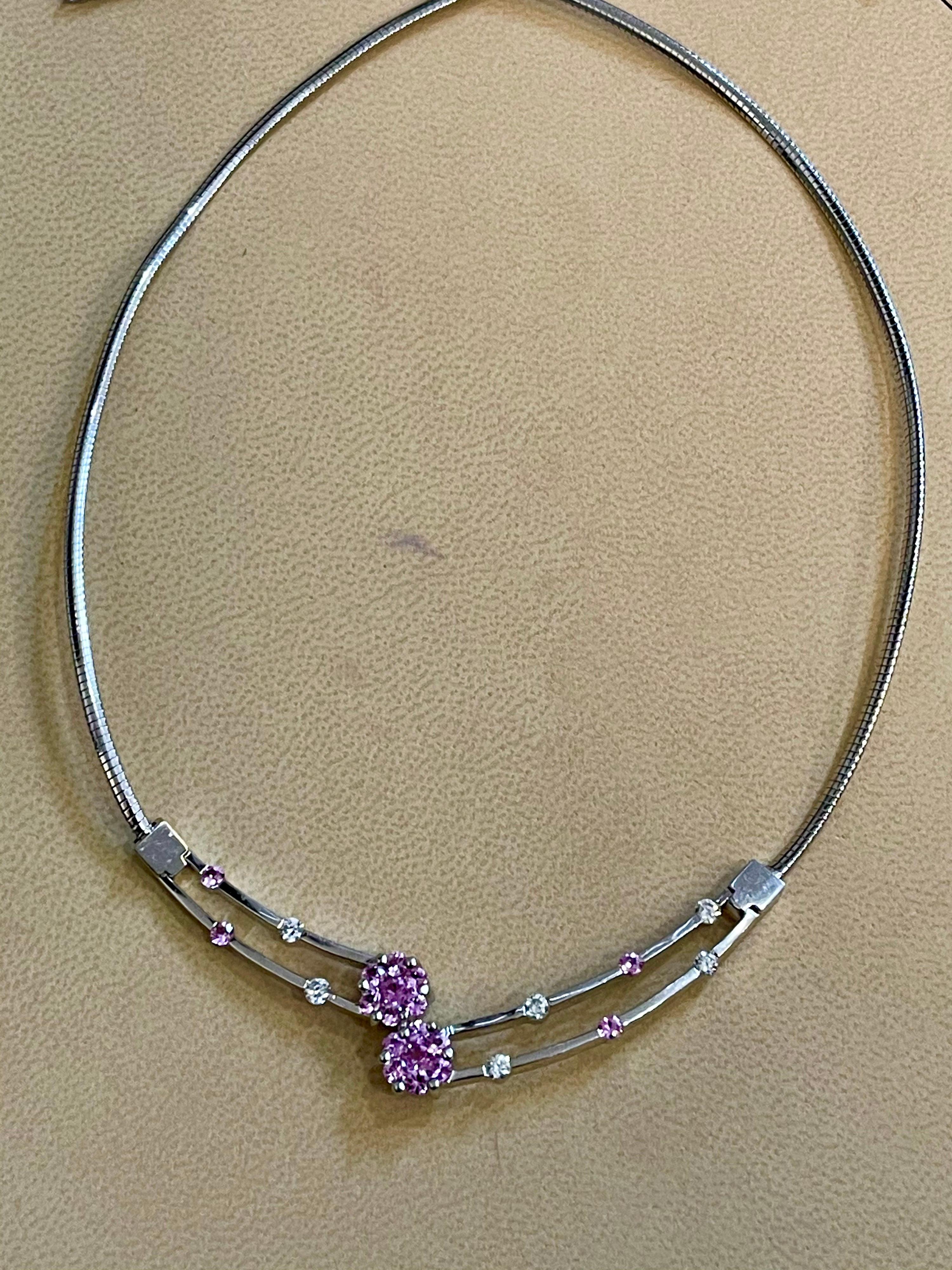 14 Karat White Gold Omega Necklace with Pink Sapphire and Diamonds, Italy For Sale 3