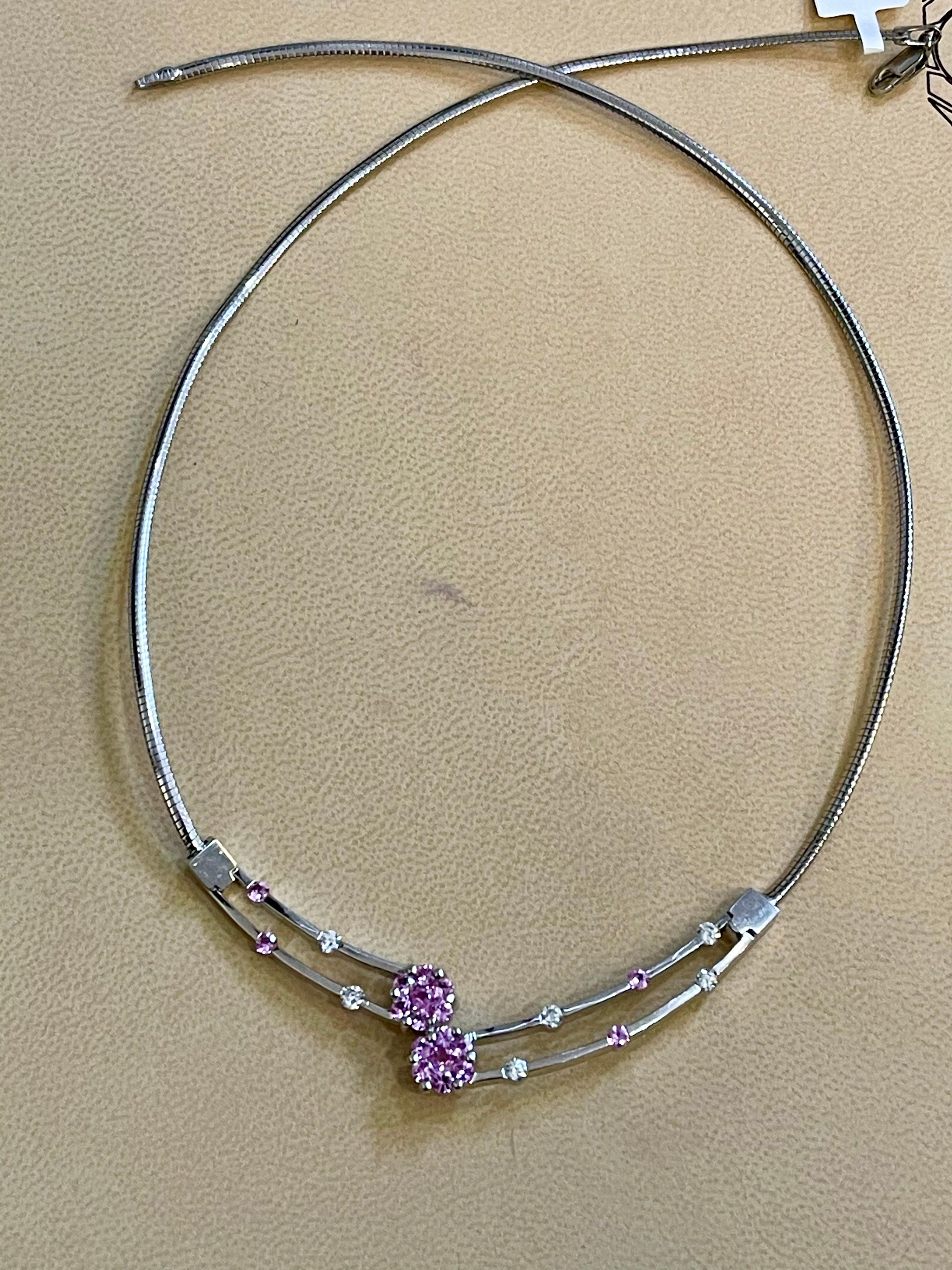 14 Karat White Gold Omega Necklace With Pink Sapphire & Diamonds, Italy, 16 
