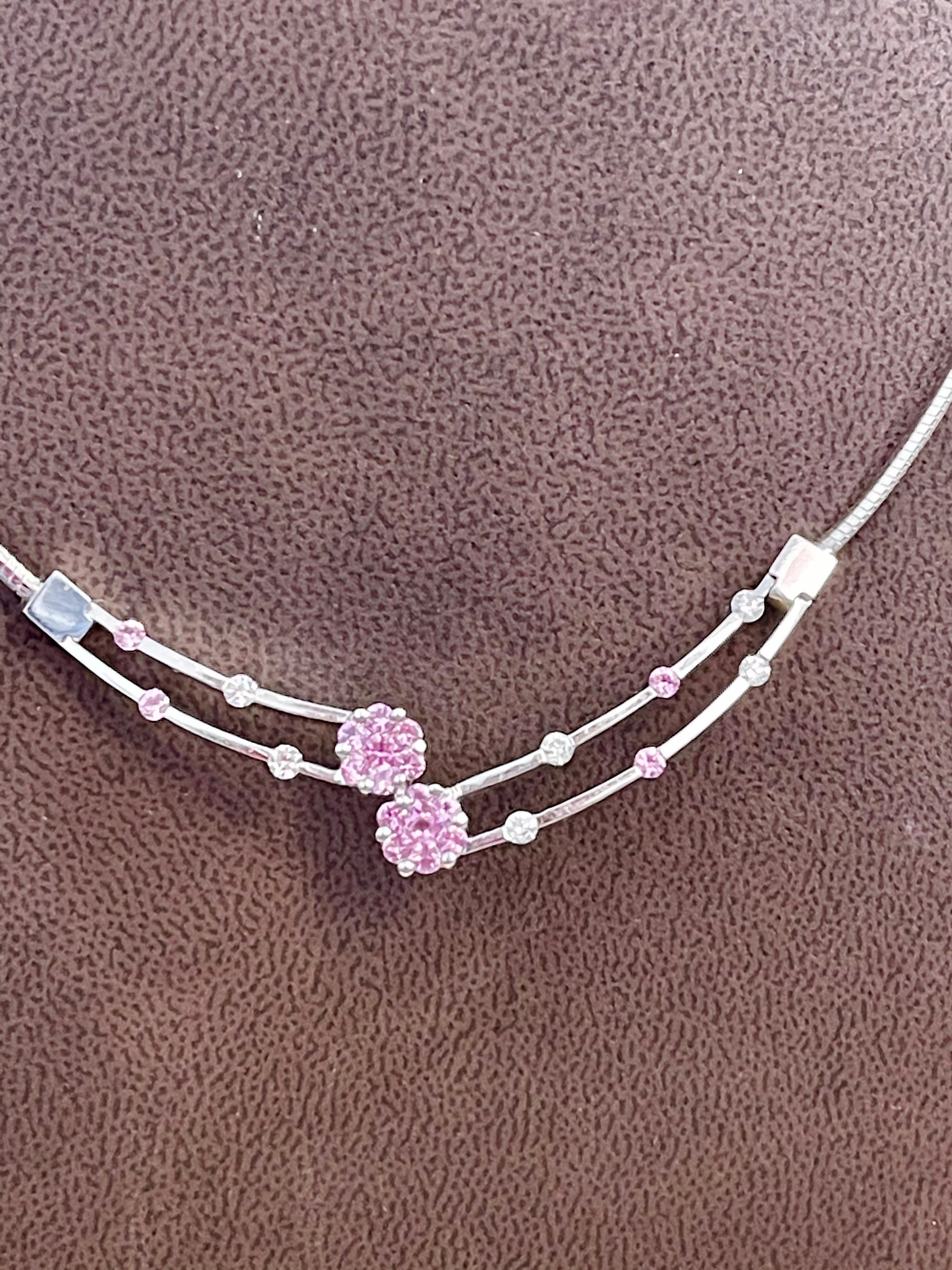 14 Karat Weißgold Omega-Halskette mit rosa Saphir und Diamanten, Italien im Zustand „Hervorragend“ im Angebot in New York, NY