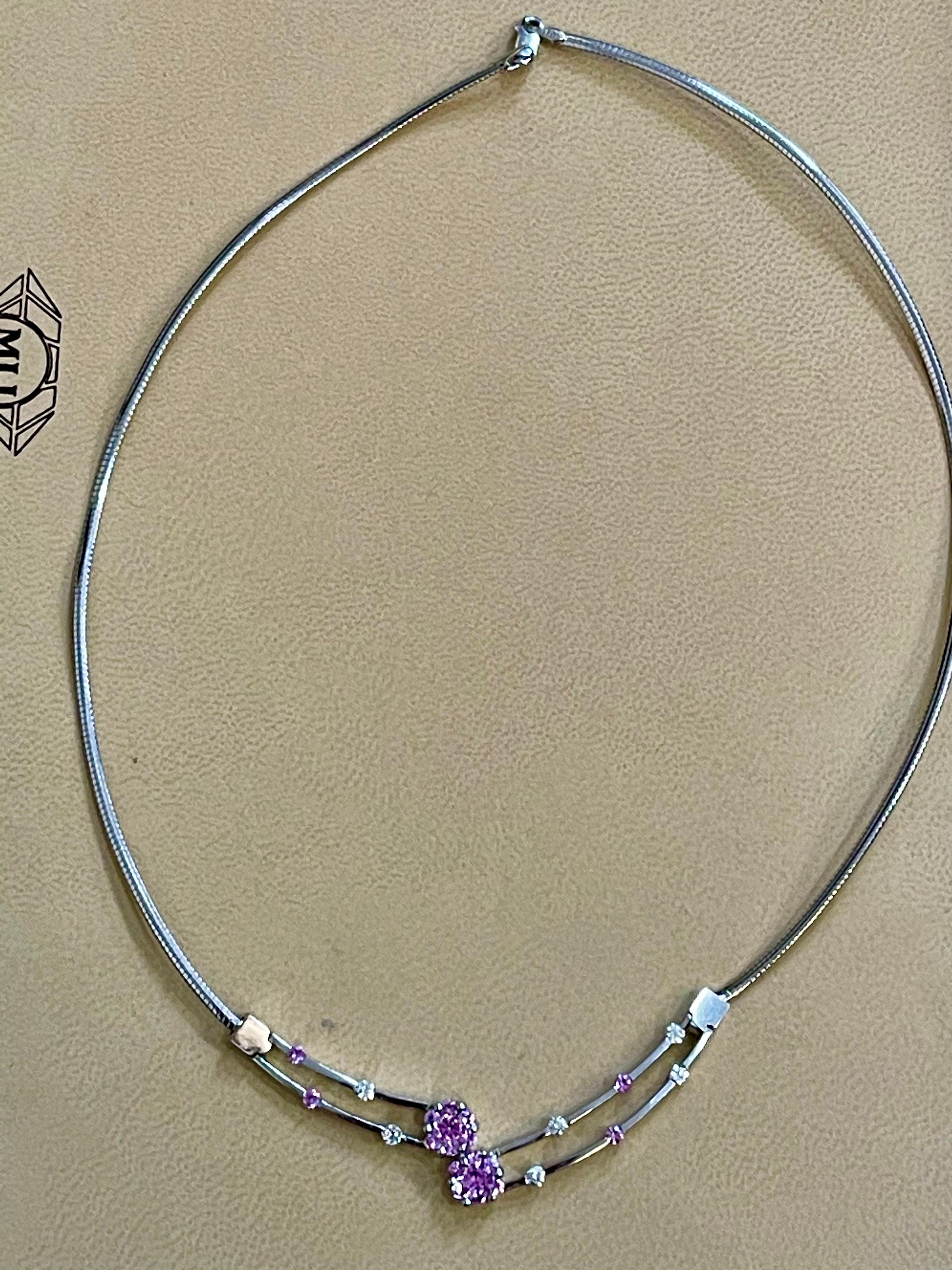 14 Karat Weißgold Omega-Halskette mit rosa Saphir und Diamanten, Italien für Damen oder Herren im Angebot