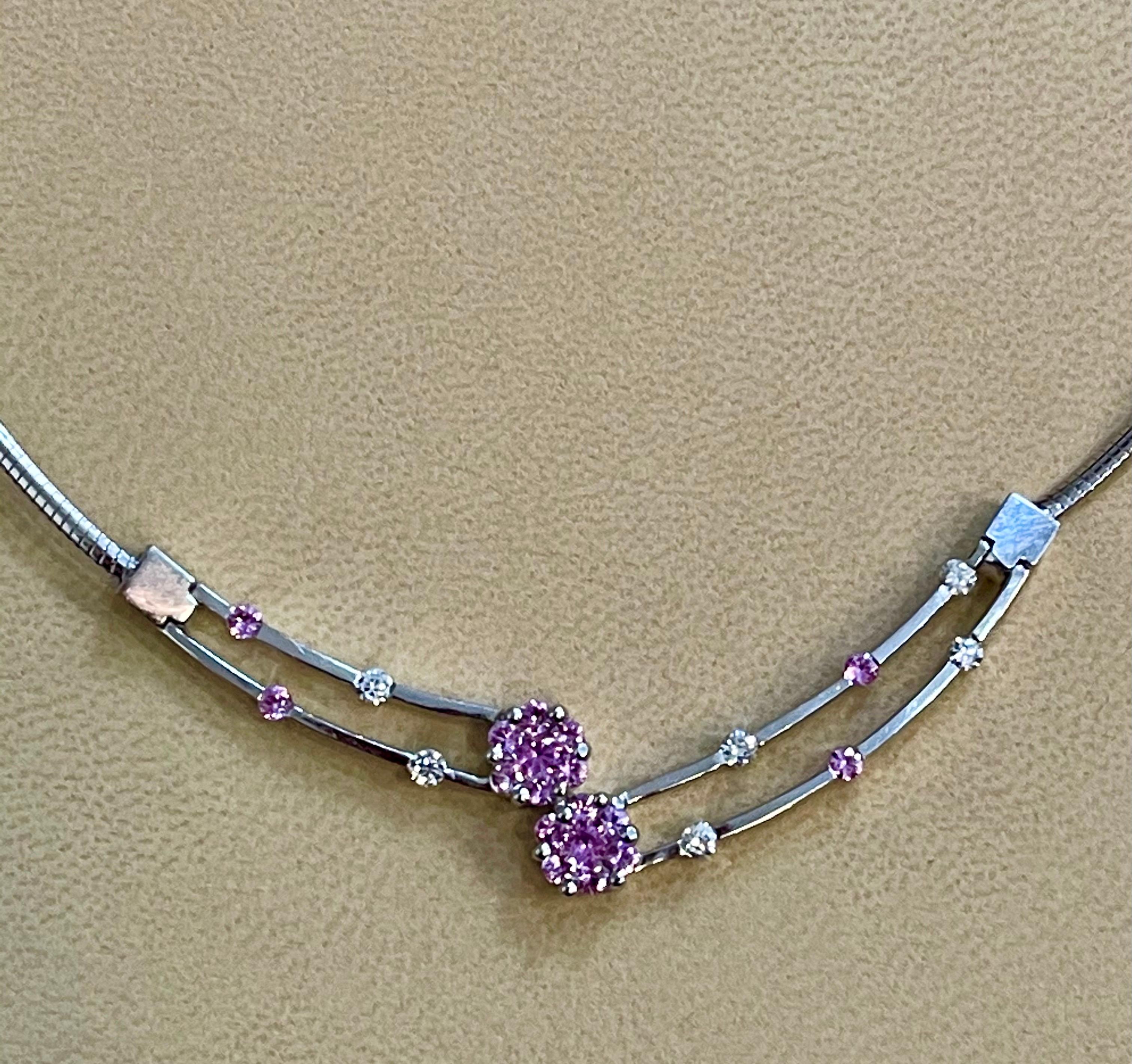 14 Karat White Gold Omega Necklace with Pink Sapphire and Diamonds, Italy In Excellent Condition For Sale In New York, NY