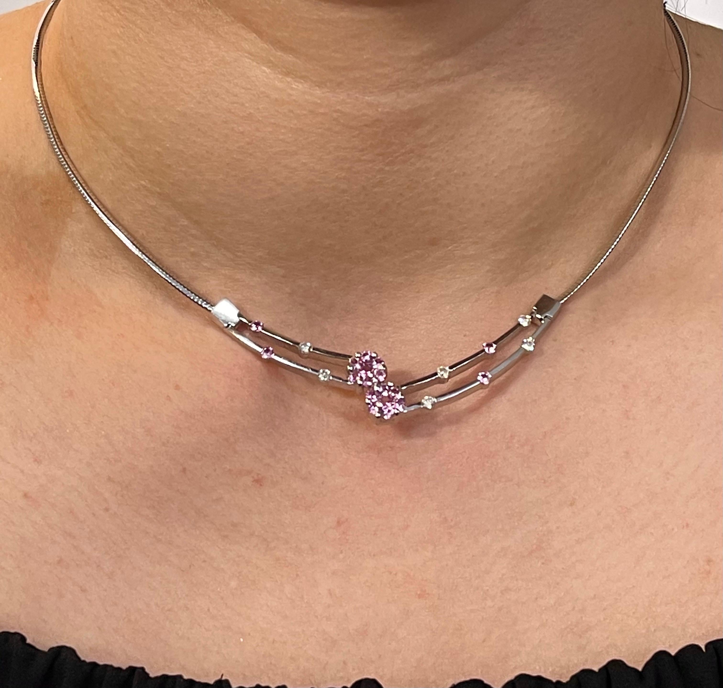 Women's or Men's 14 Karat White Gold Omega Necklace with Pink Sapphire and Diamonds, Italy For Sale