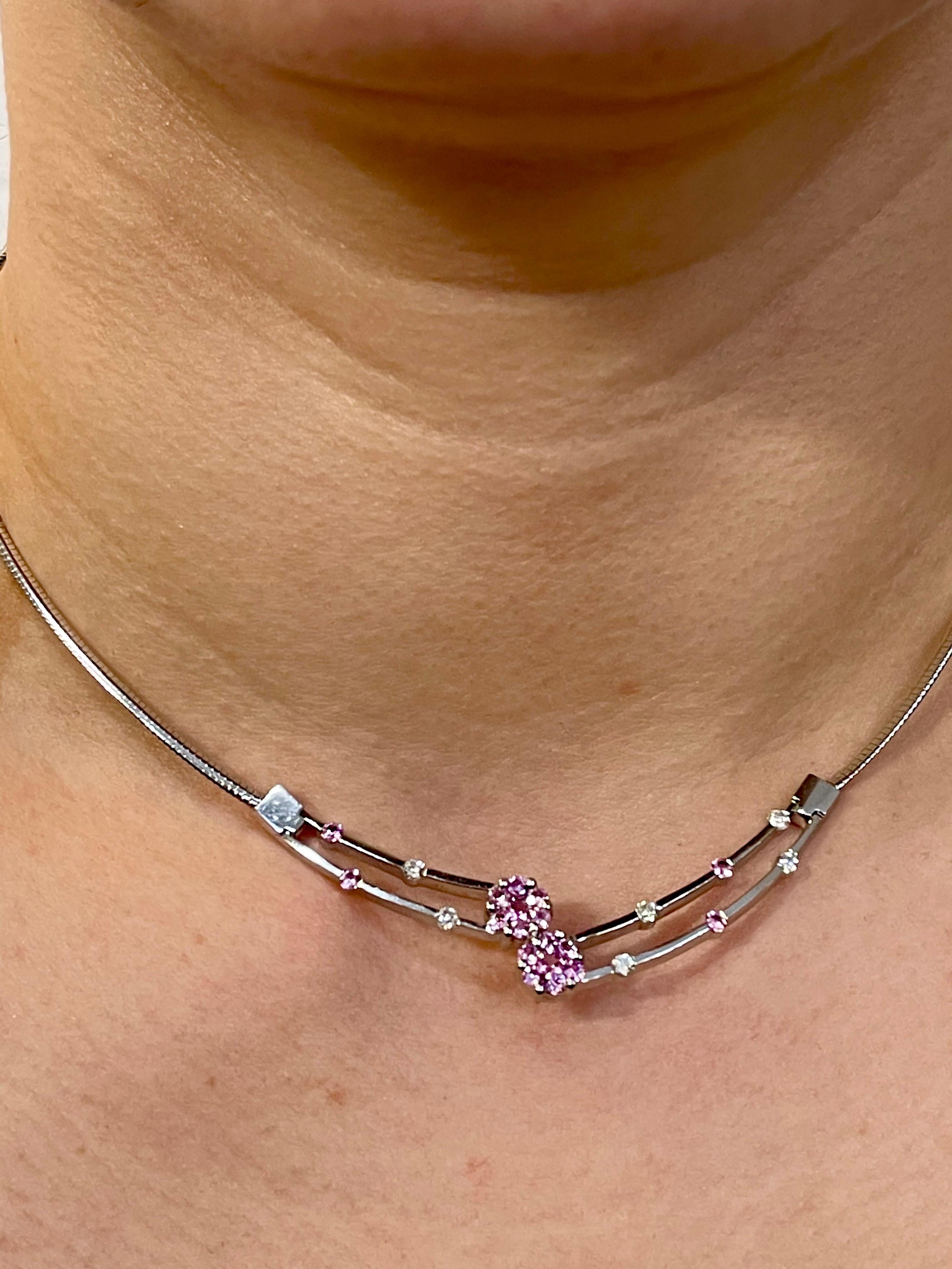 14 Karat White Gold Omega Necklace with Pink Sapphire and Diamonds, Italy For Sale 1