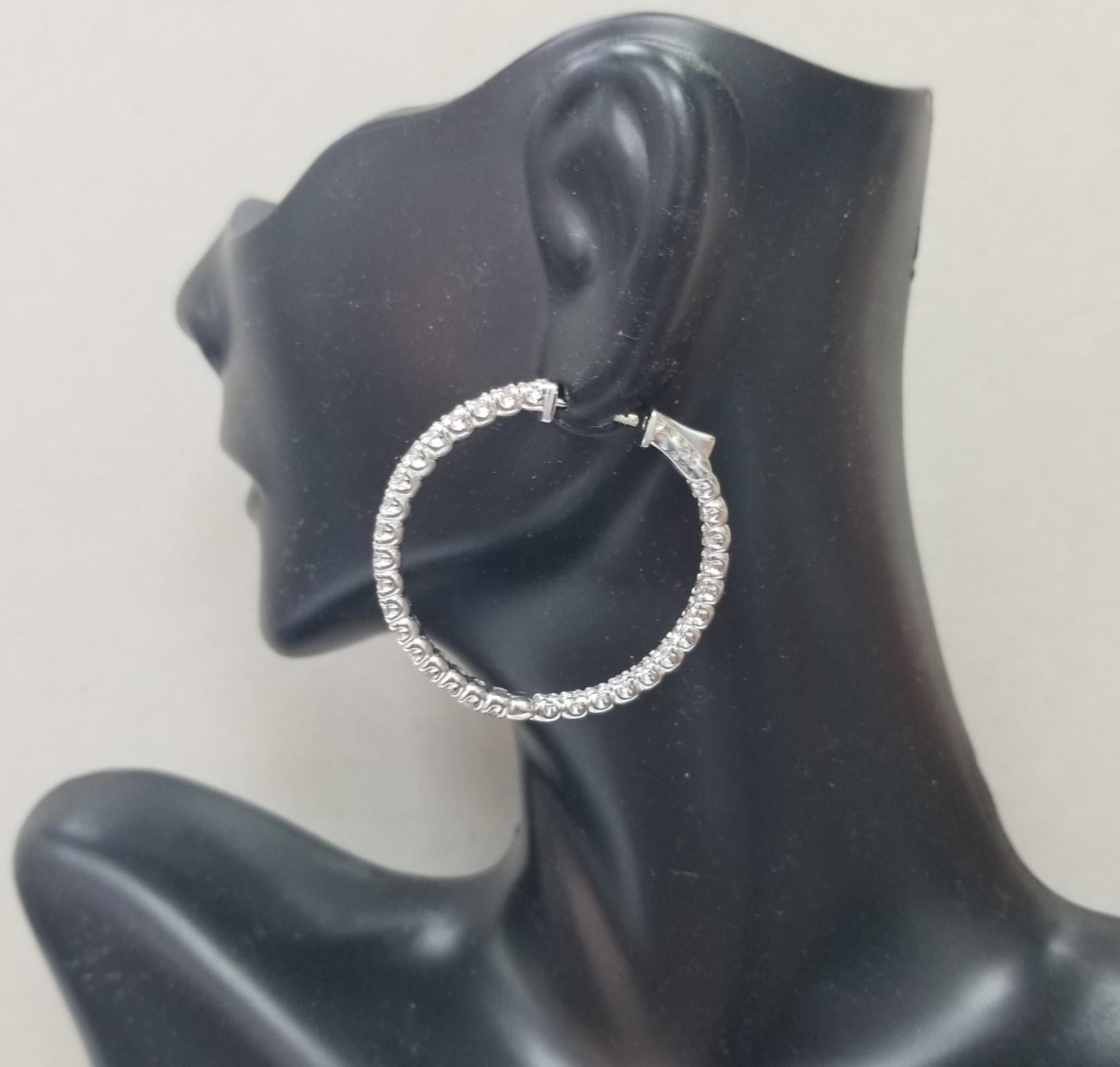 14 Karat White Gold One Dollar Size Diamond Hoop Earrings 4.25 Carat In New Condition For Sale In Los Angeles, CA