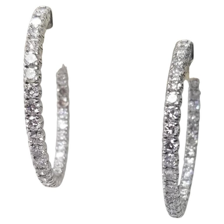 14 Karat White Gold One Dollar Size Diamond Hoop Earrings 4.25 Carat