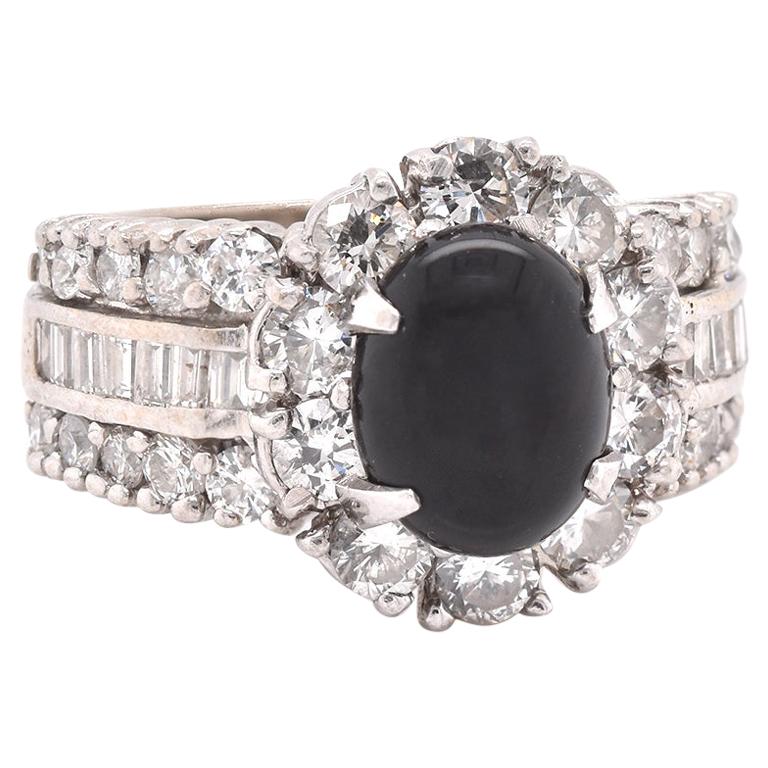 14 Karat White Gold Onyx and Diamond Halo Ring For Sale