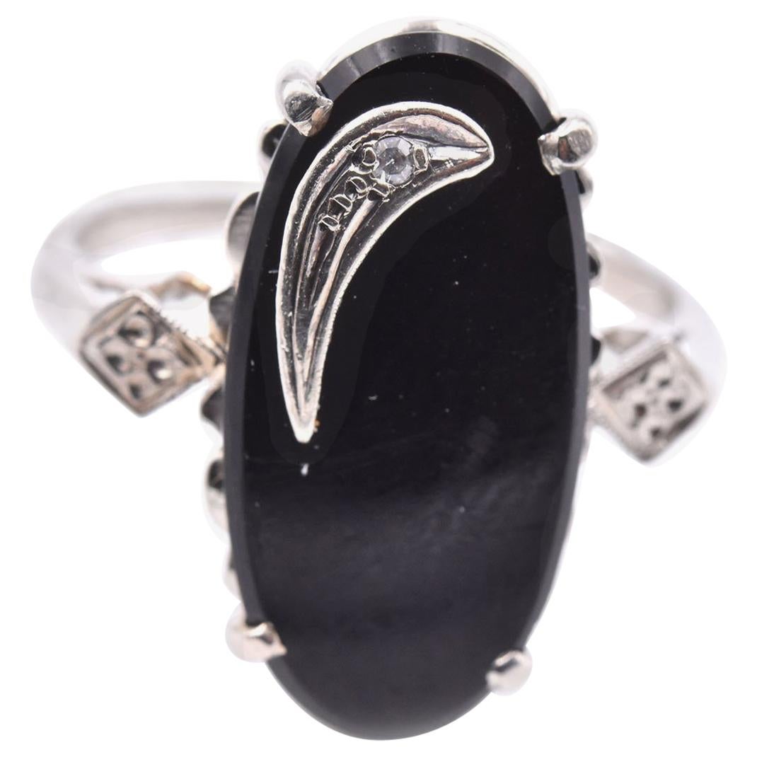 14 Karat White Gold Onyx and Diamond Ring For Sale