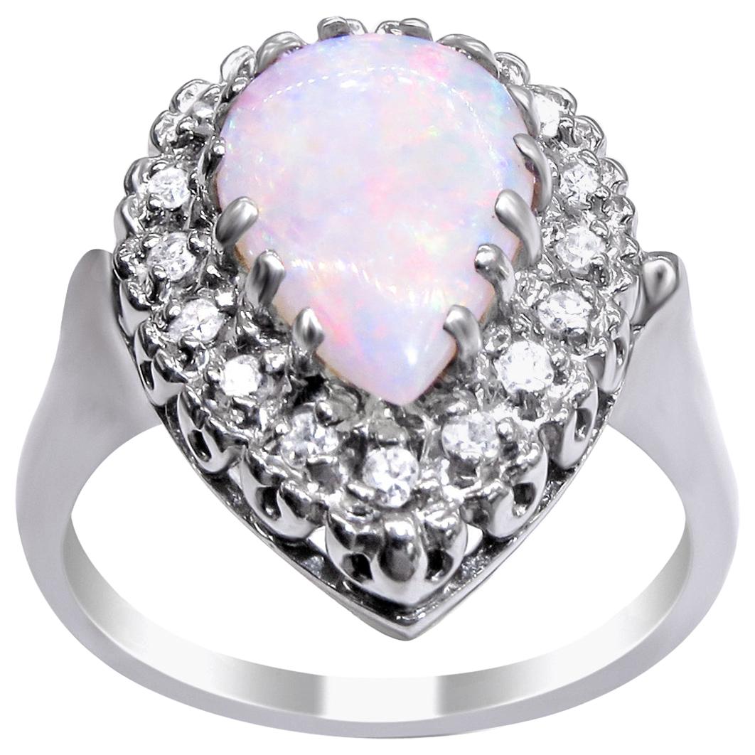 14 Karat White Gold Opal and Diamond Ladies Ring For Sale