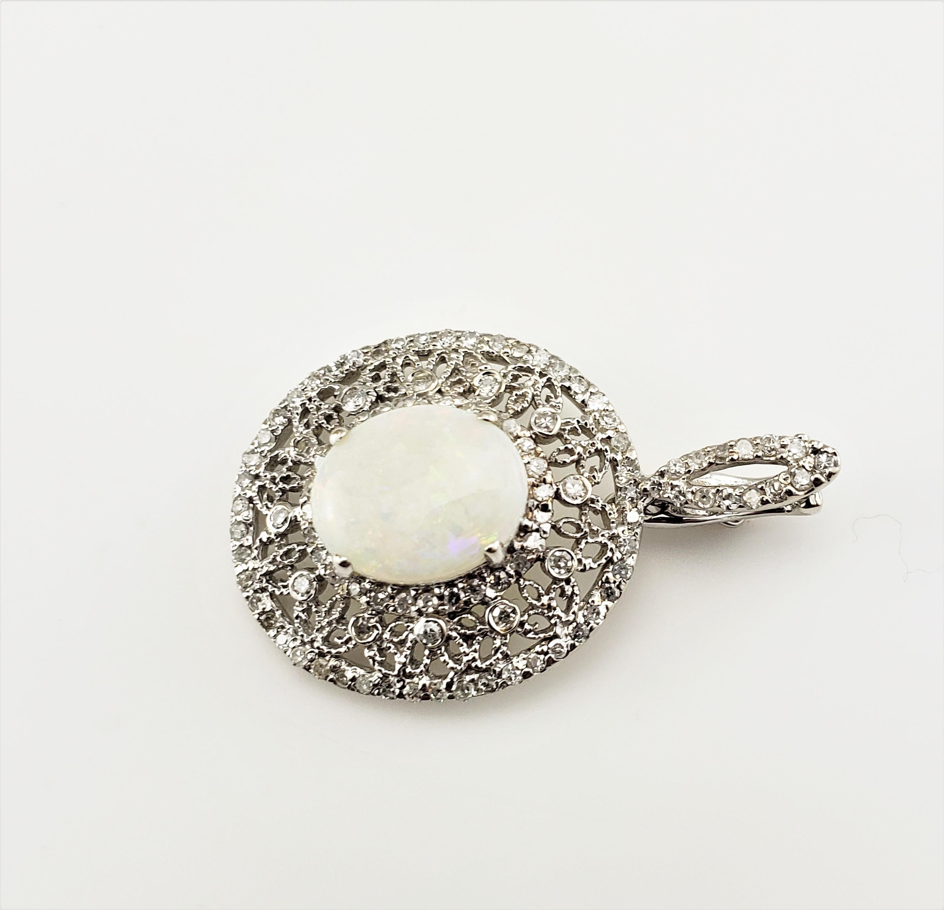 Single Cut 14 Karat White Gold Opal and Diamond Pendant For Sale