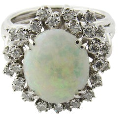 14 Karat White Gold Opal and Diamond Ring