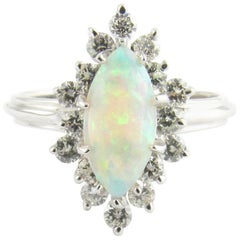 14 Karat White Gold Opal and Diamond Ring