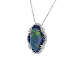 14 Karat White Gold Opal Blue Sapphire Diamond Pendant Necklace