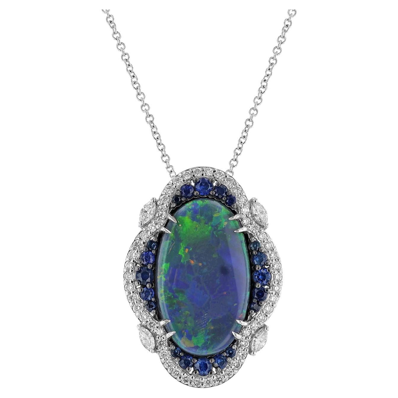 14 Karat White Gold Opal Blue Sapphire Diamond Pendant Necklace