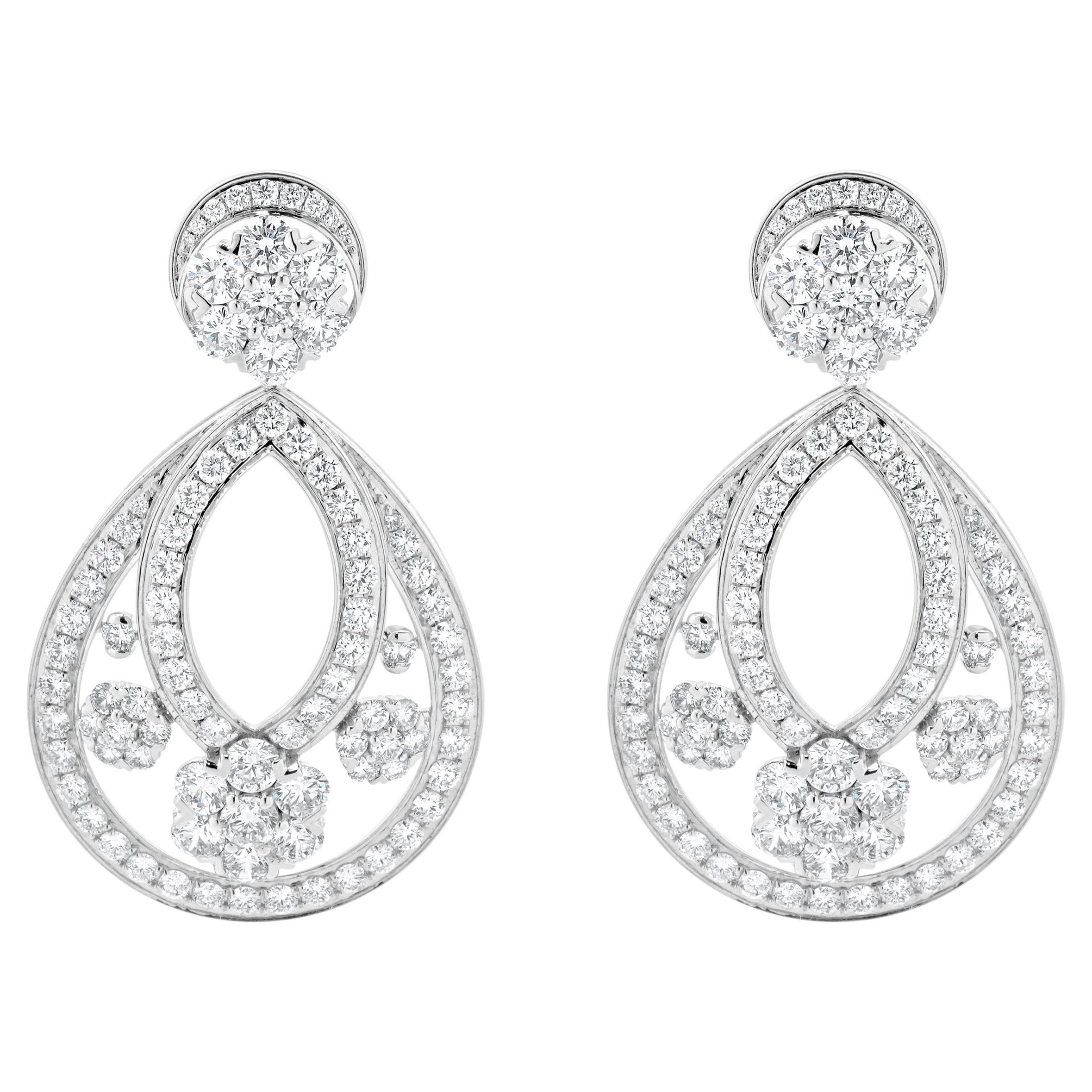Pendientes Gota Flor Diamante Círculo Abierto Oro Blanco 14 Kilates