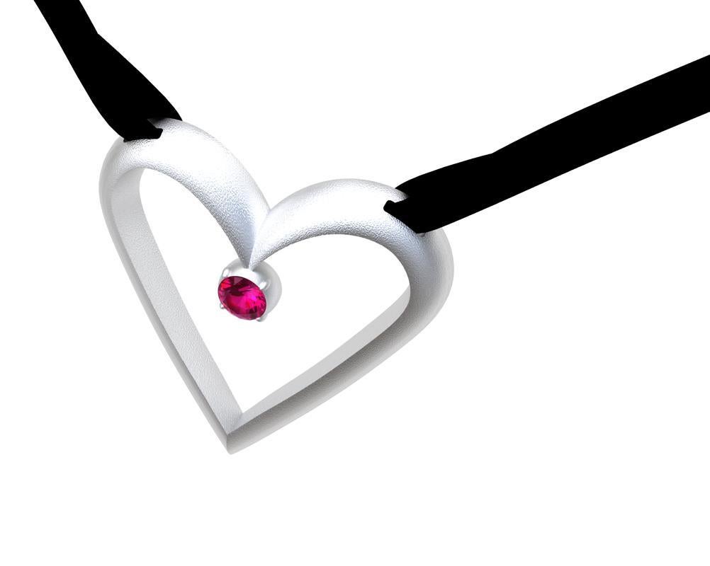 14 Karat White Gold Open Heart with Ruby Pendant necklace on Black Flat Ultra Suede , 22mm wide x 21.50 mm height . K.I.S.S.- 