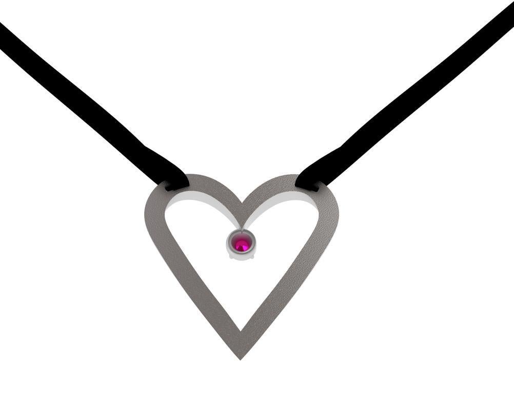 Women's 14 Karat White Gold Open Heart with Ruby Pendant Necklace For Sale