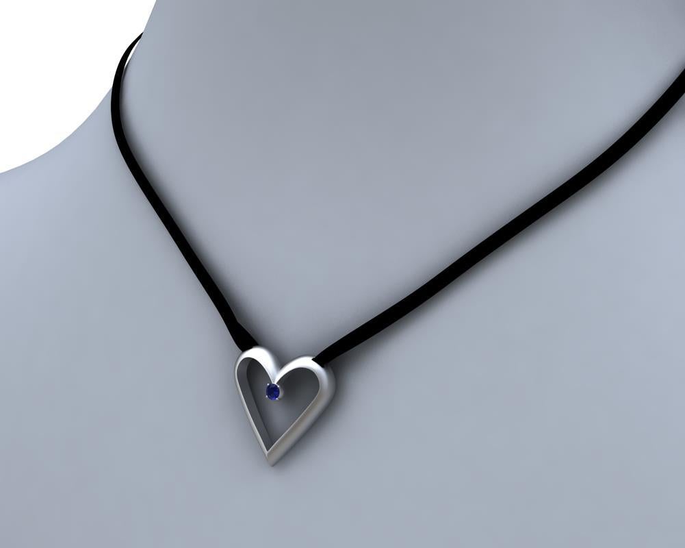 Round Cut 14 Karat White Gold Open Heart with Sapphire Pendant Necklace For Sale