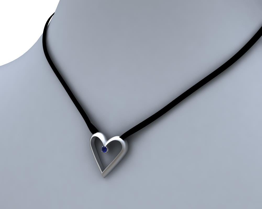 Round Cut 14 Karat White Gold Open Heart with Sapphire Pendant Necklace