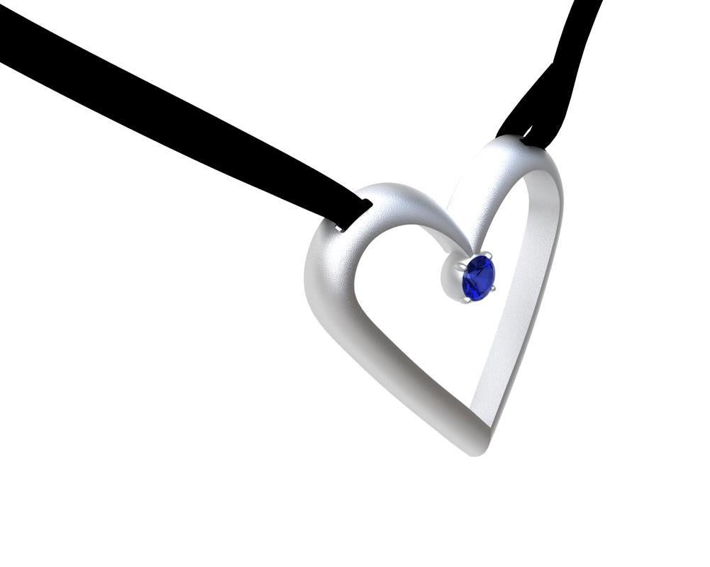 14 Karat White Gold Open Heart with Sapphire Pendant Necklace In New Condition For Sale In New York, NY