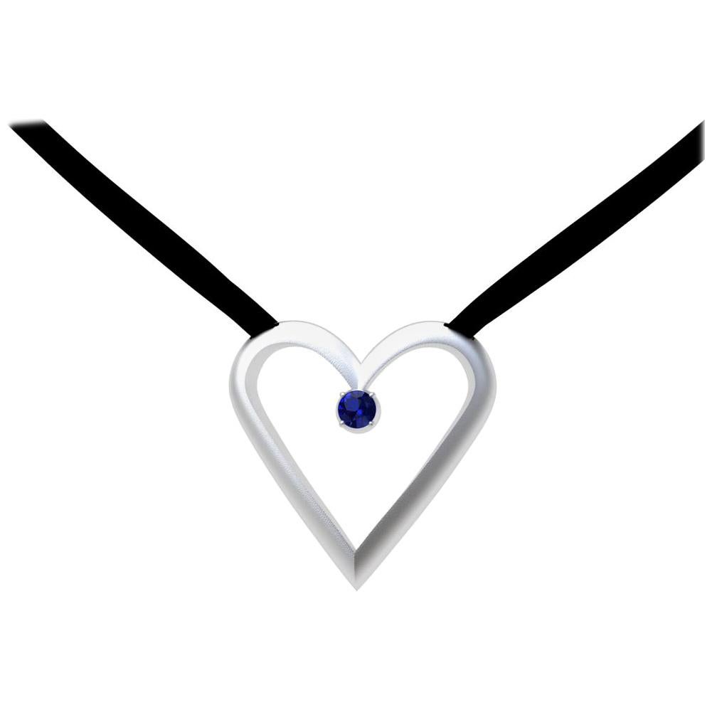 14 Karat White Gold Open Heart with Sapphire Pendant Necklace For Sale