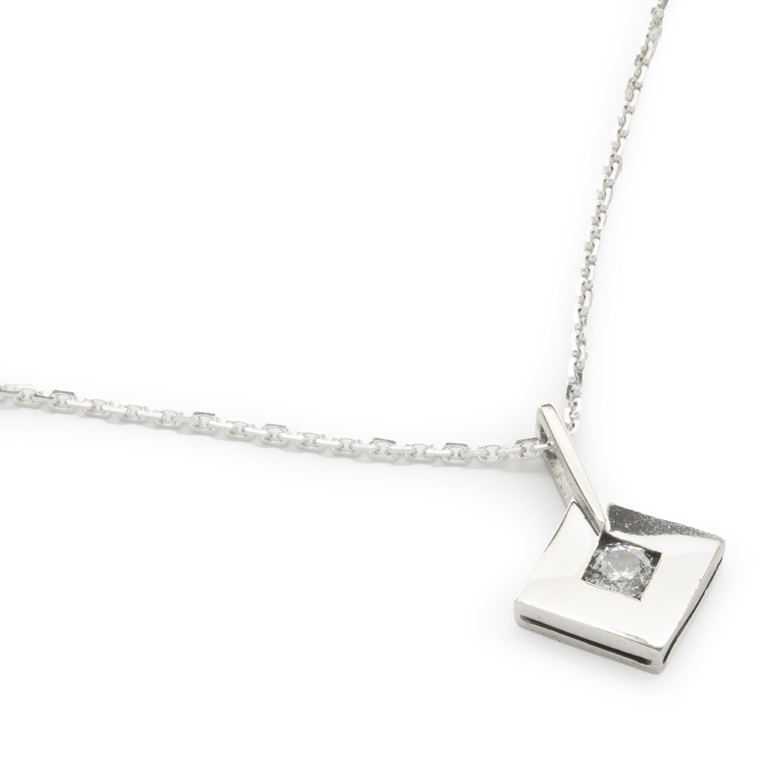 Round Cut 14 Karat White Gold Open Square Diamond Necklace For Sale