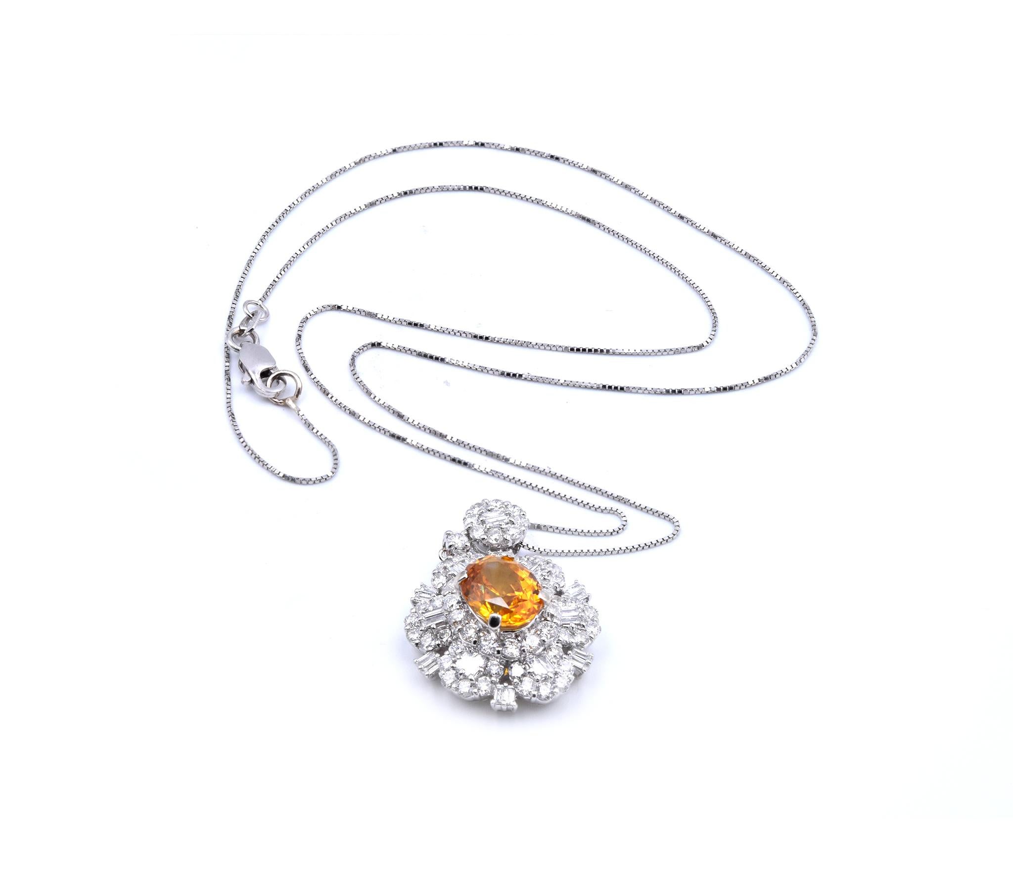 Material: 14k white gold
Gemstone: 2 Orange Sapphires oval cut = 2.96cttw
Diamonds: 84 round and baguette cuts = 2.00cttw
Color: G
Clarity: VS
Dimensions: necklace is 18-inches in length
Weight: 6.88 grams
