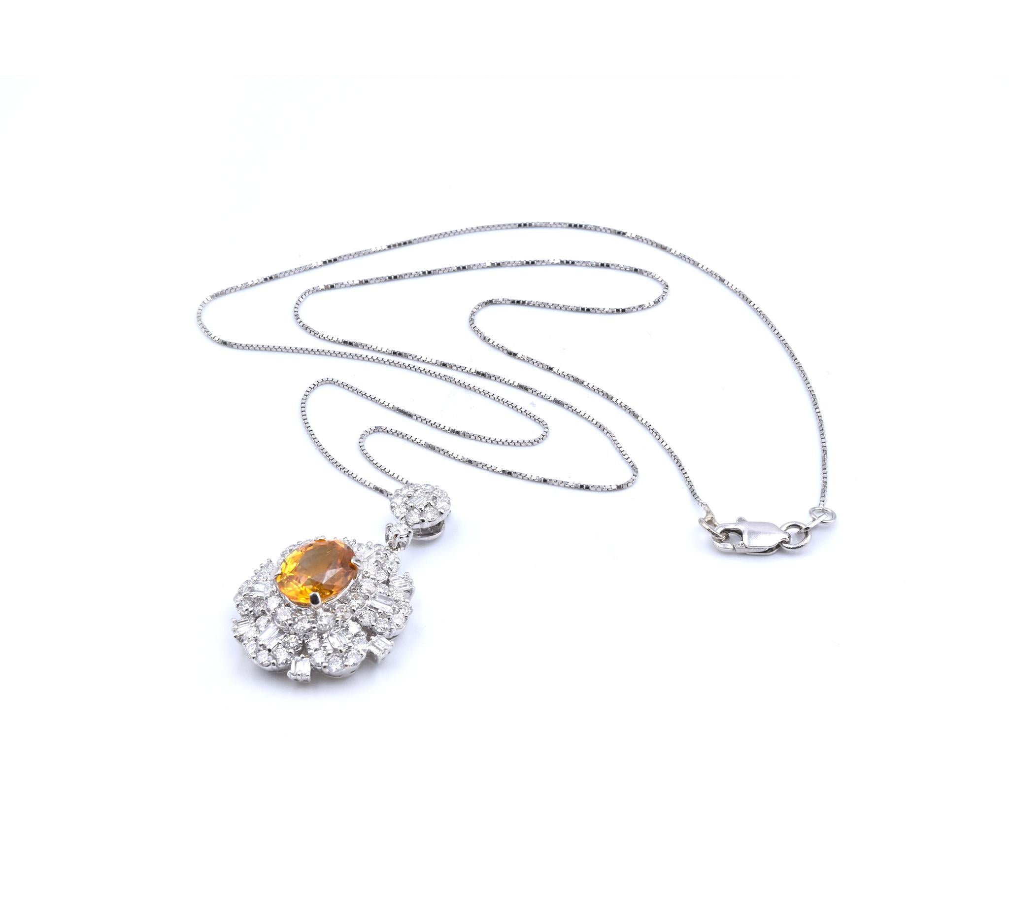 Round Cut 14 Karat White Gold Orange Sapphire and Diamond Necklace For Sale