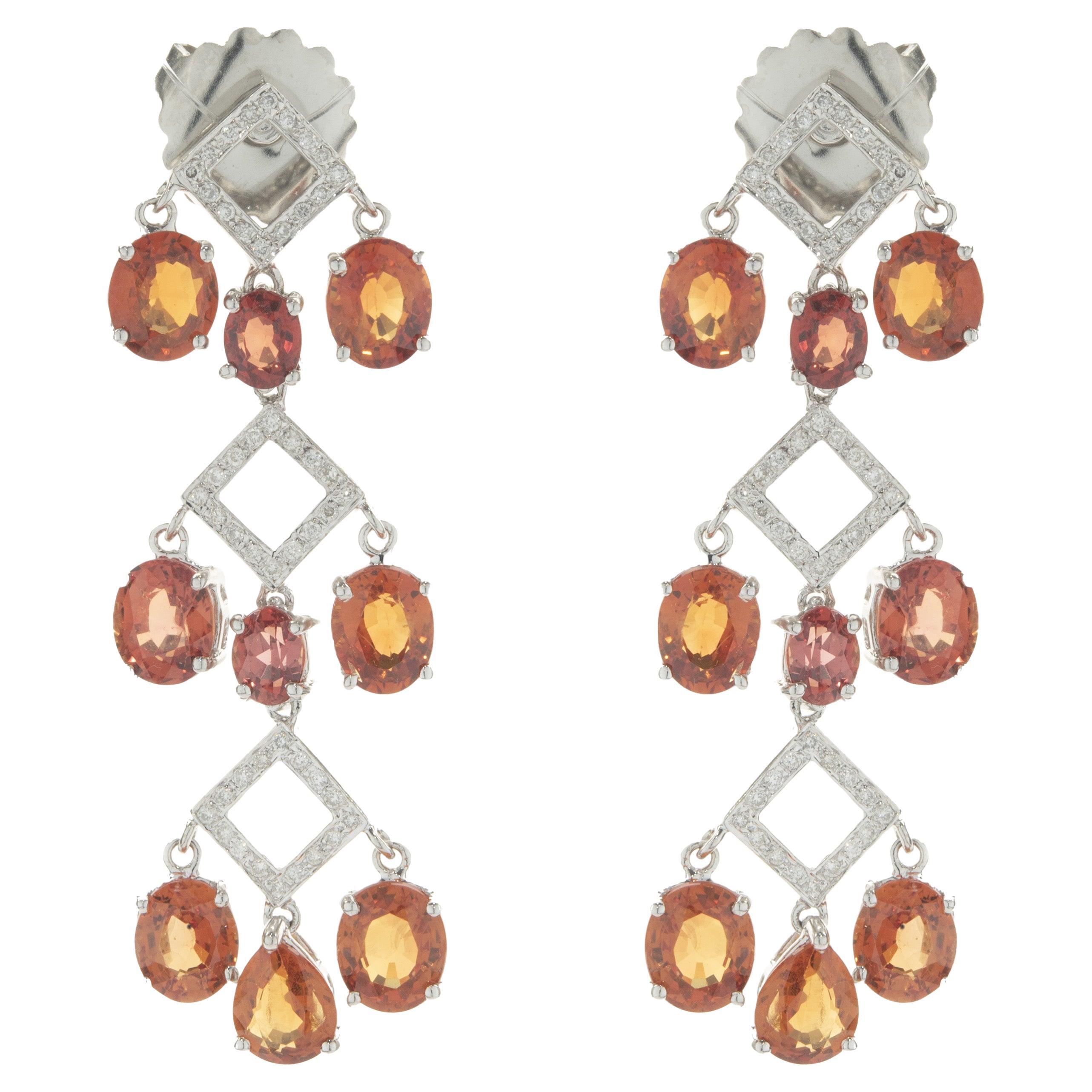 14 Karat White Gold Orange Sapphire and Diamond Three Tier Drop Earrings