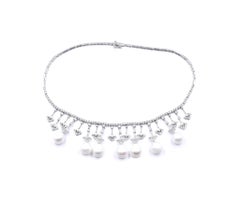 14 Karat White Gold Ornate Pearl and Diamond Collar Necklace