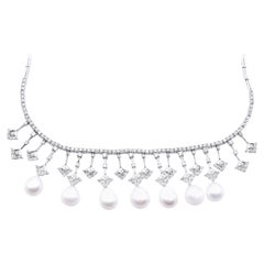 14 Karat White Gold Ornate Pearl and Diamond Collar Necklace