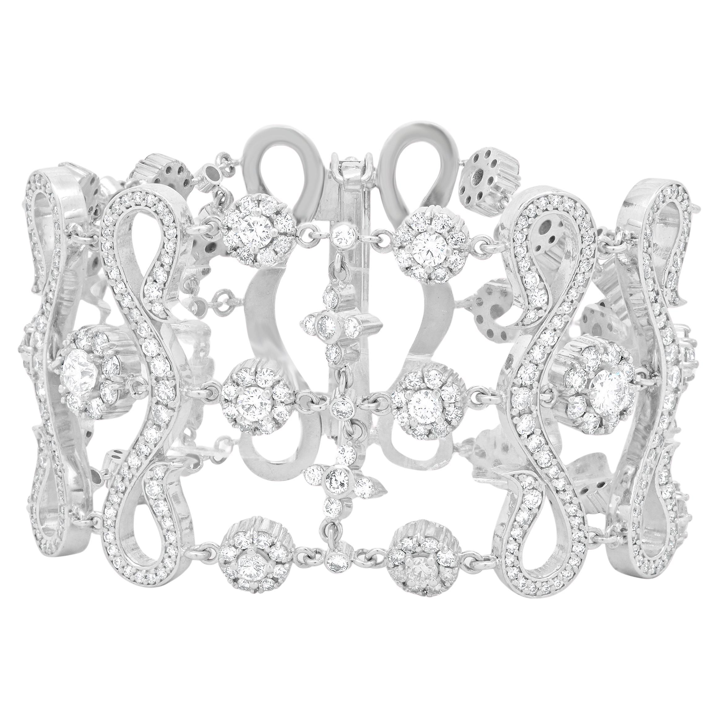 14 Karat White Gold Ornate Wide Diamond Bracelet
