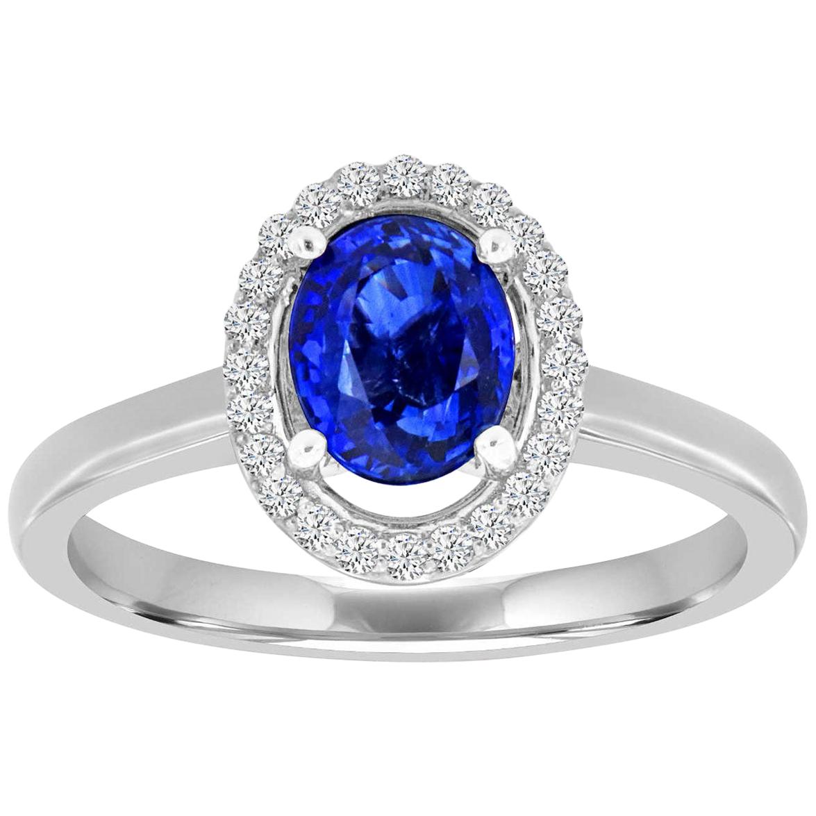 14 Karat White Gold Oval Blue Sapphire and Diamond Halo Ring 'Center 1.48 Carat' For Sale