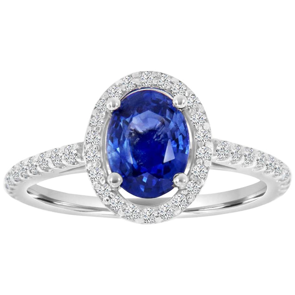Bague en or blanc 14 carats avec saphir bleu ovale et halo de diamants au centre (1,45 carat)