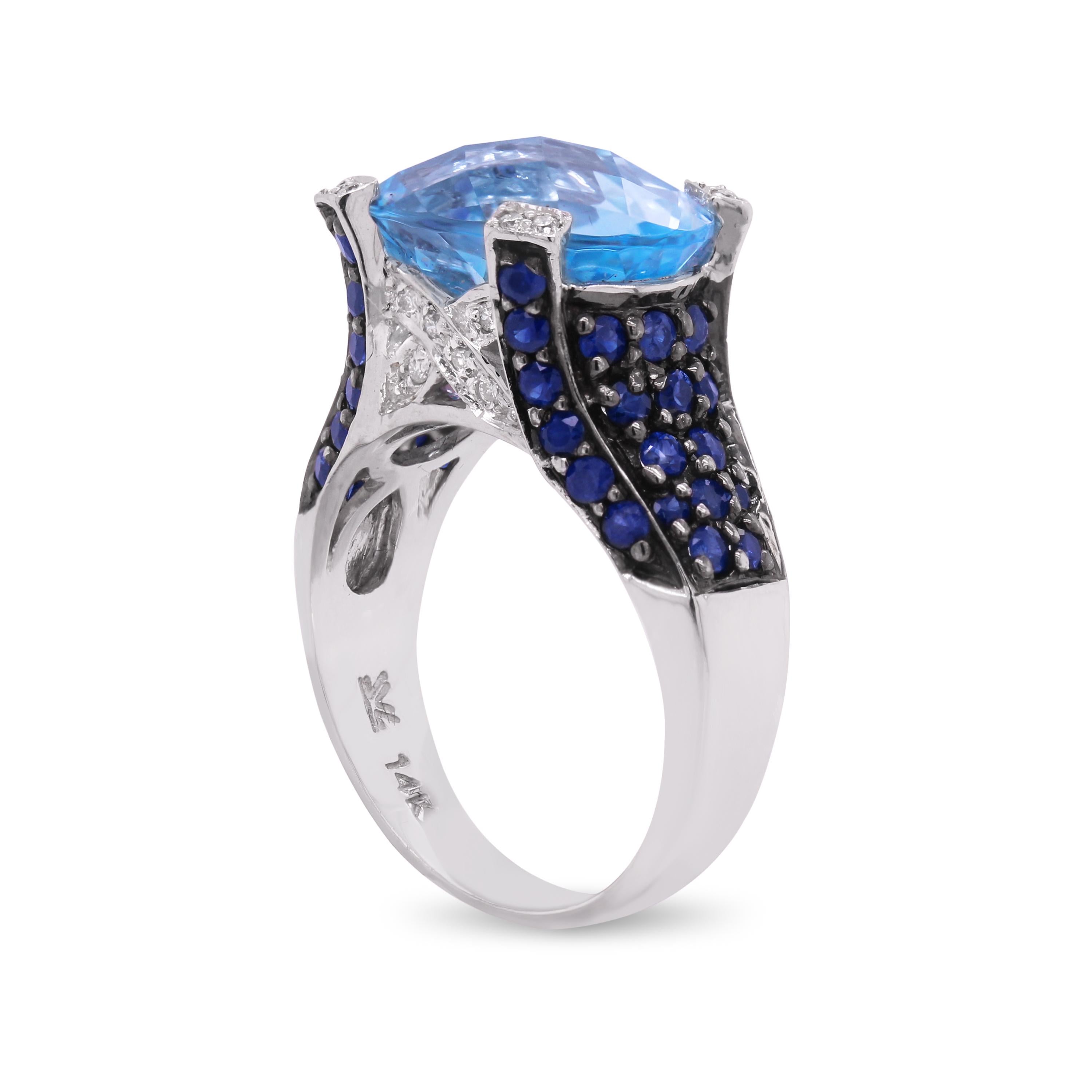 14 Karat Weißgold Ovaler Blauer Topas Mittel Blauer Saphir Diamant Cocktail Ring (Zeitgenössisch)