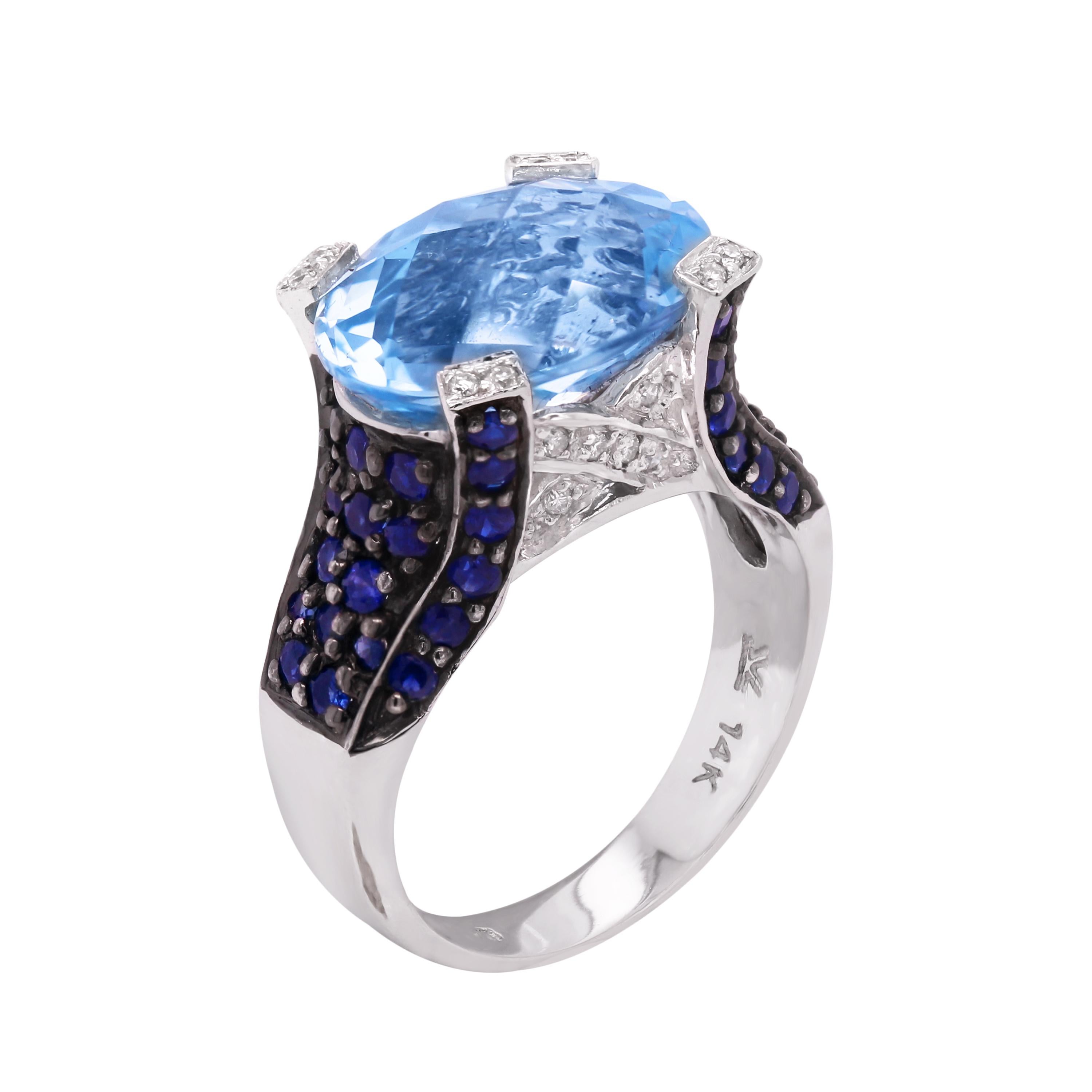 14 Karat Weißgold Ovaler Blauer Topas Mittel Blauer Saphir Diamant Cocktail Ring im Zustand „Hervorragend“ in Boca Raton, FL