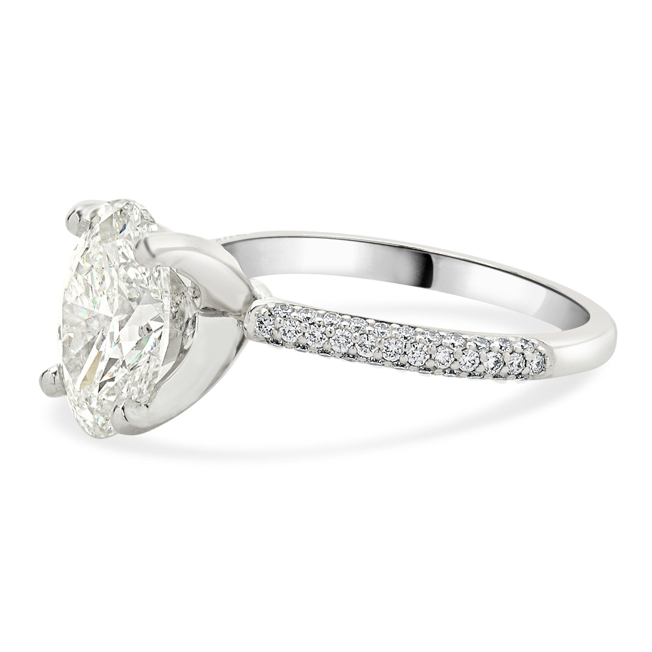 Material: 14K white gold
Center Diamond: oval cut = 2.50ct
Color: J
Clarity: SI1
GIA: 2231423364
Diamonds: round brilliant cut = 1.00cttw
Color: G
Clarity: SI1
Ring Size: 6 (please allow up to 2 additional business days for sizing