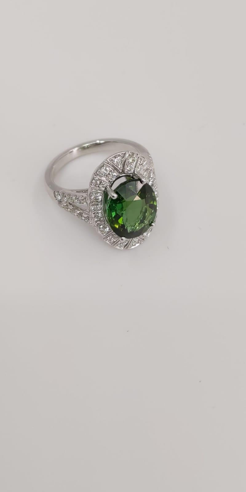 14 Karat White Gold Oval Cut Green Tourmaline and Diamond Ring
5.13 Carats of Green Tourmaline
0.78 Carats of Diamonds
14 Karat White Gold
Oval Cut