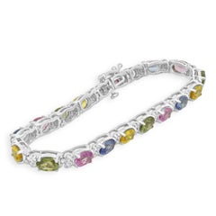14 Karat White Gold Oval Cut Rainbow Sapphire and Round Diamond Inline Bracelet