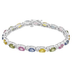 14 Karat White Gold Oval Cut Rainbow Sapphire and Round Diamond Inline Bracelet