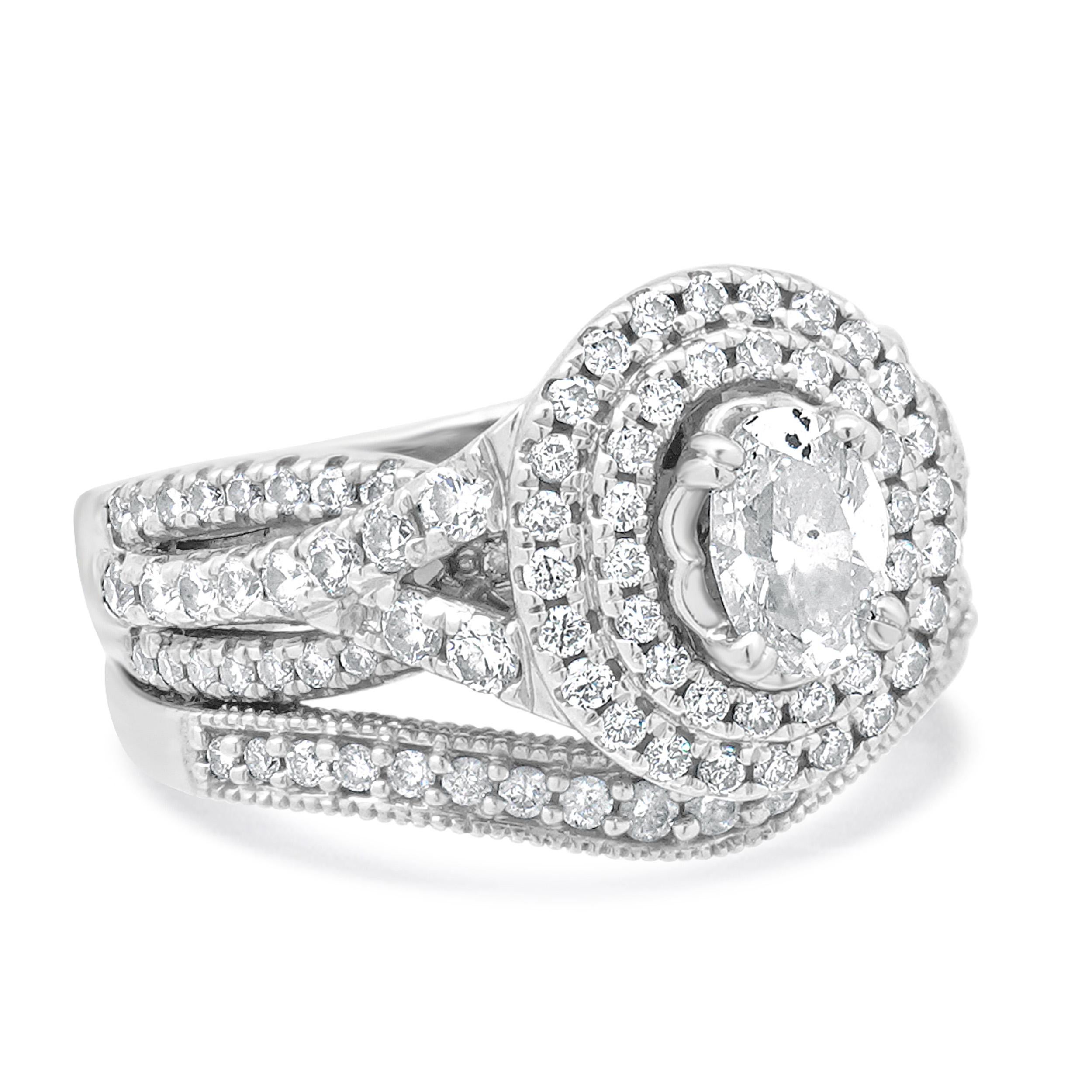 14 Karat Weißgold Oval Diamond Double Halo w/Milgrain Hochzeit Set im Zustand „Hervorragend�“ im Angebot in Scottsdale, AZ